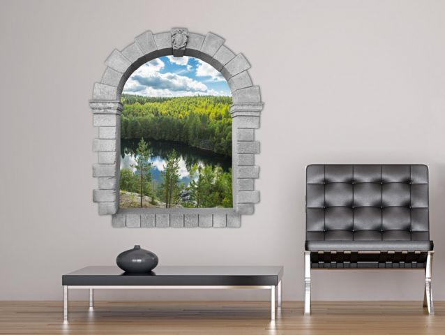3D window to lake in the woods wall sticker