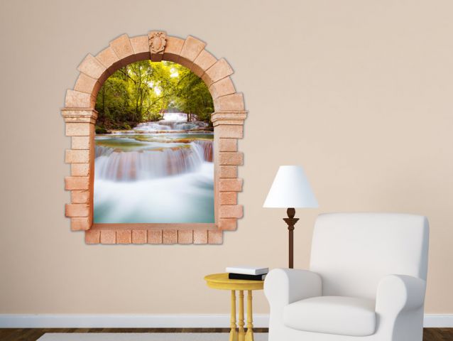 3D window to forest river wall sticker