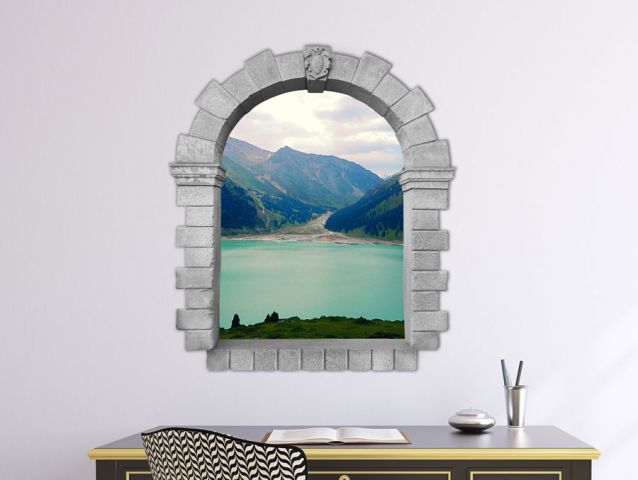 3D window to mountain views wall sticker