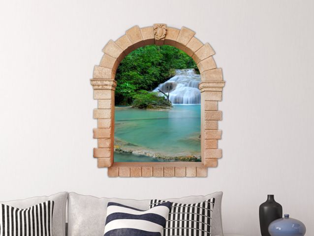 3D window to Waterfall in forest wall sticker
