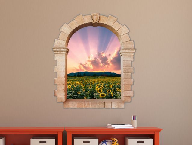 3D window to Sunflower field wall sticker