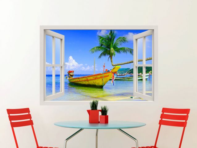 3D window with Bamboo boat wall sticker