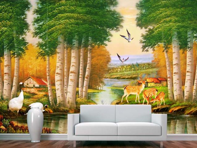 Enchanted village with animals and a river wallpaper
