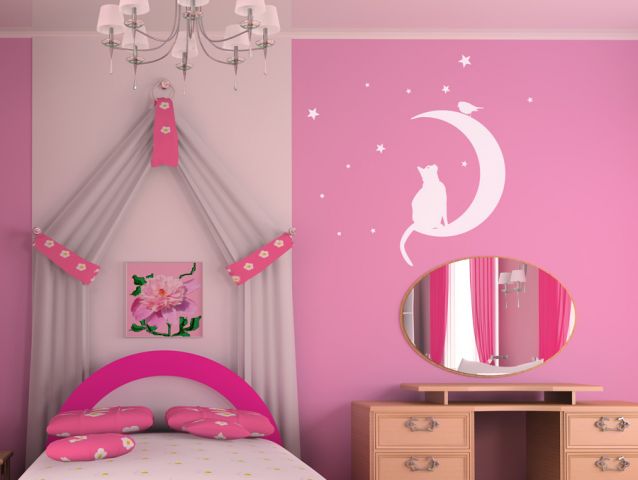 Cat and a bird on the moon wall sticker