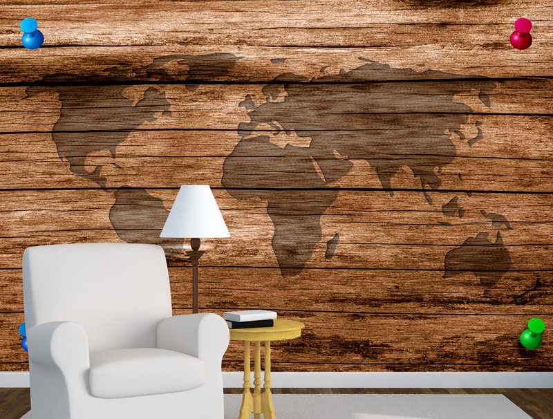 Wooden world map | Sticker wallpaper