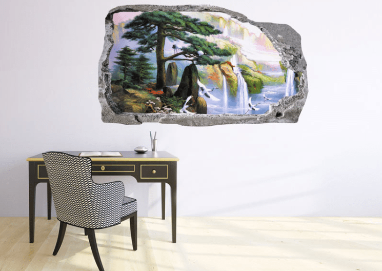 3D sticker Landscape painting with storks and waterfalls