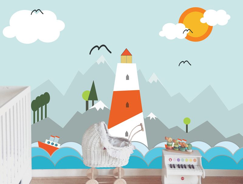 Illustrated wallpaper mountain lighthouse and sea