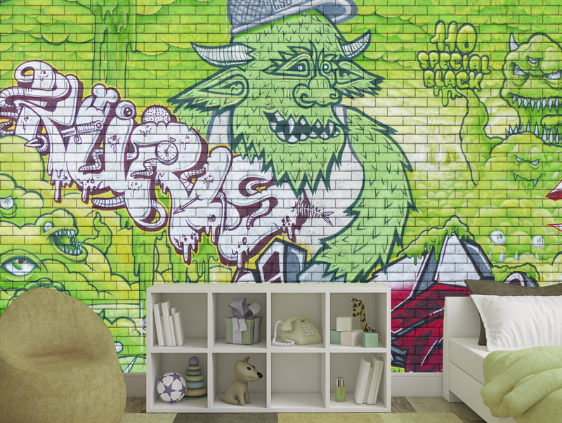 Brick wall wallpaper with a green monster painting