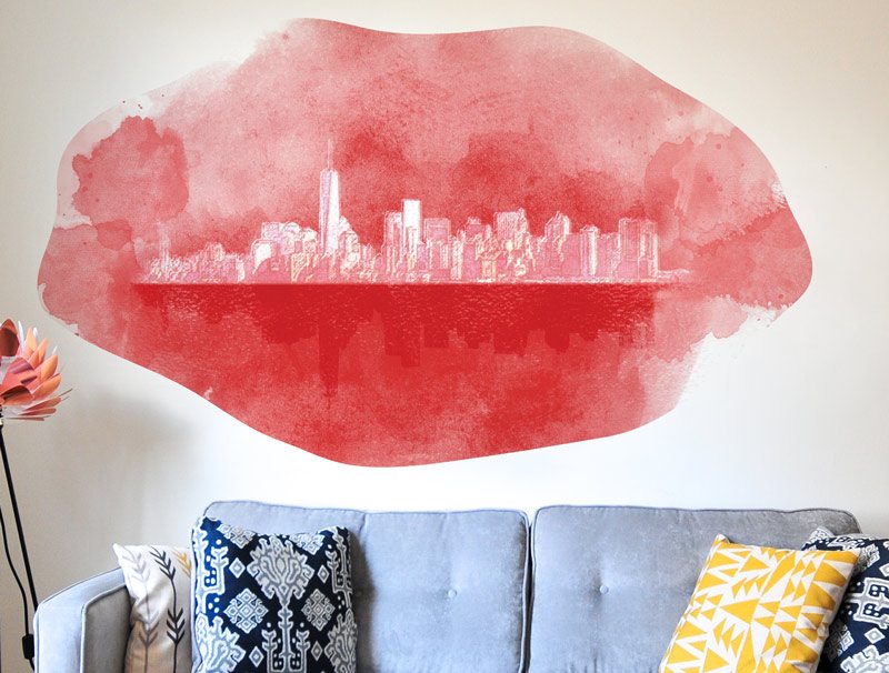 New York wall sticker in red watercolors
