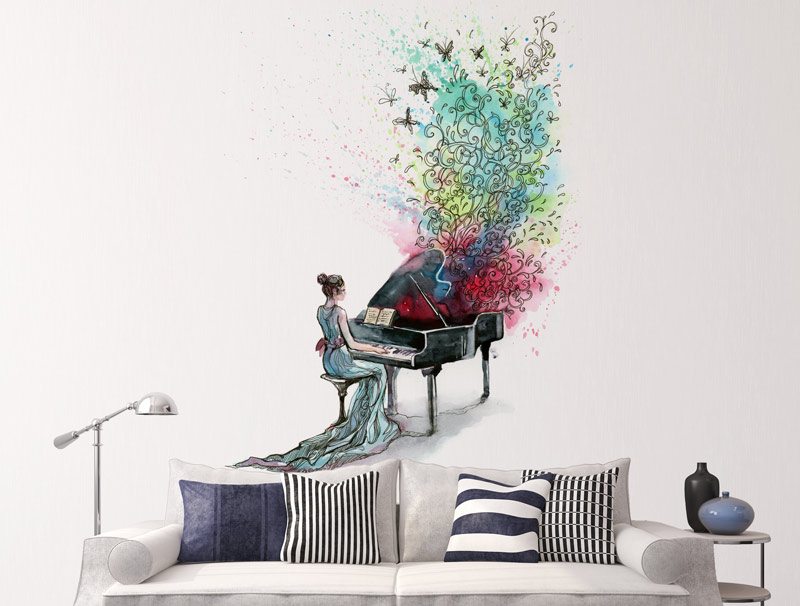 Colorful sticker girl playing the piano