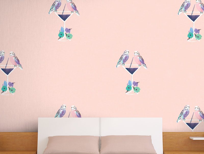 Floral wallpaper parrots and cocktail in pastel pink tones