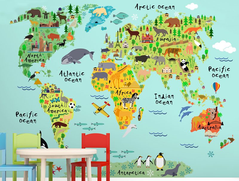Colorful wallpaper of the world map drawn with animals