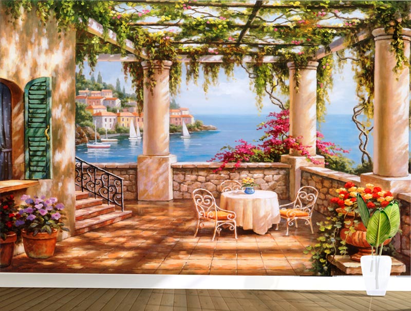 Beautiful painting of a balcony with sea view | wallpaper