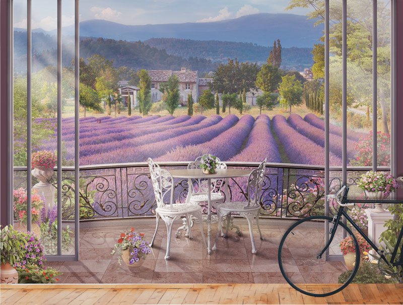 Balcony with a view of a field of purple flowers