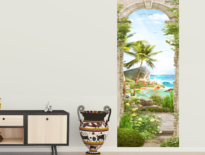 Gate with a view of flamingos | wallpaper
