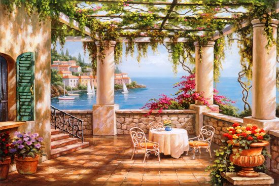 Beautiful painting of a balcony with sea view | wallpaper