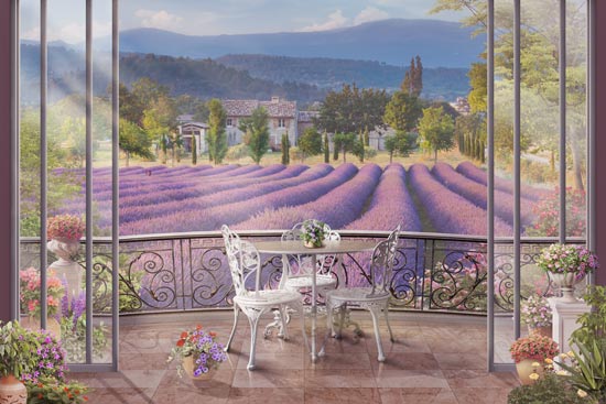 Balcony with a view of a field of purple flowers