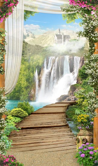 wooden bridge and waterfall | wallpaper
