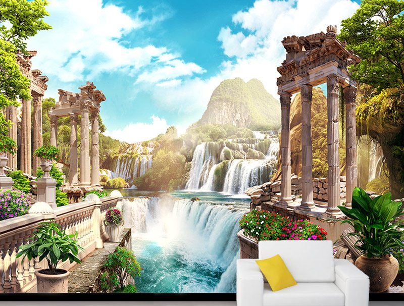 An ancient building with waterfalls | wallpaper