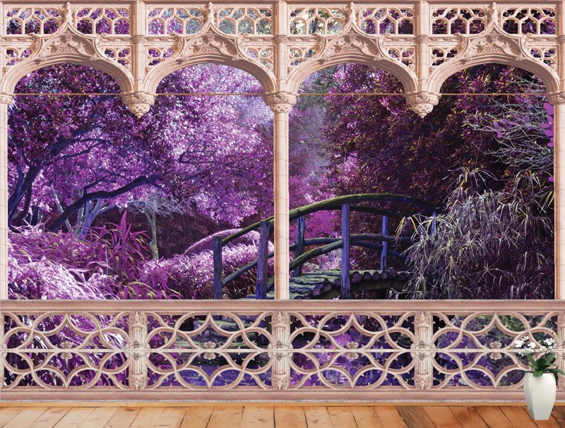 Balcony with magical purple forest | wallpaper