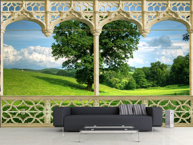 Balcony with beautiful view of green hills and trees | wallpaper