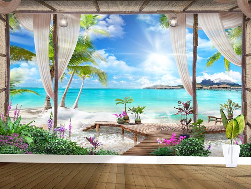 Three-dimensional wallpaper of balcony with sea view