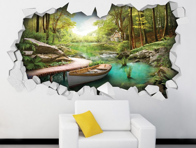A three-dimensional hole with a beautiful view of a river in a forest with a white boat