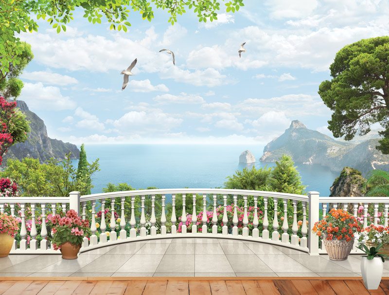 Balcony with trees and sea views