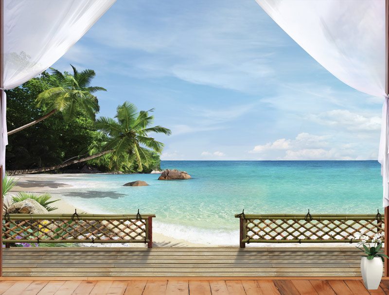 A wooden balcony on the beach