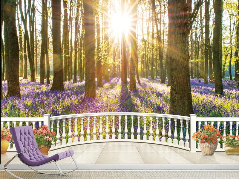 Balcony overlooks a beautiful forest with purple flowers