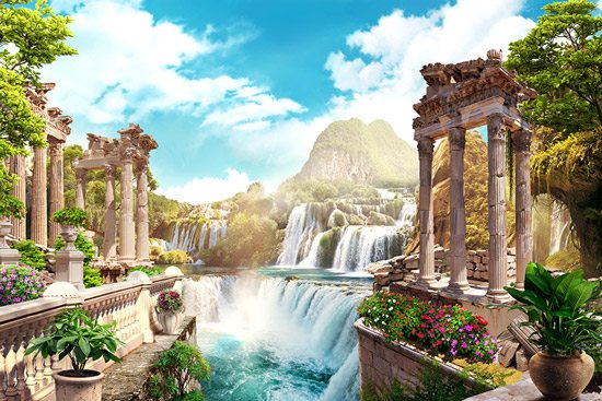 An ancient building with waterfalls | wallpaper