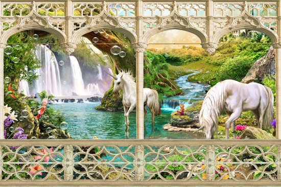 Balcony with unicorns in a magical lake | wallpaper