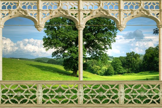 Balcony with beautiful view of green hills and trees | wallpaper