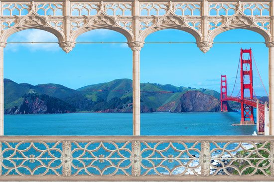 Balcony with sea and red bridge view | wallpaper