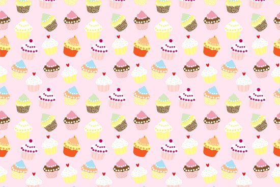 Pink wallpaper with colorful and sweet cupcakes