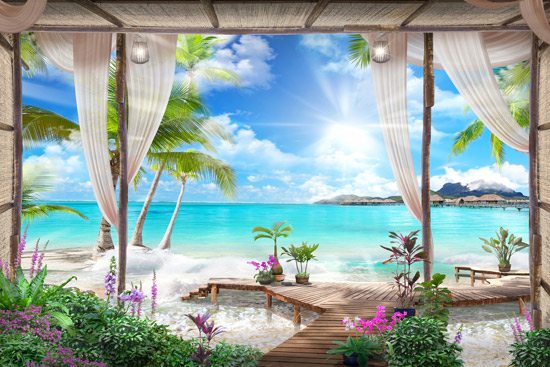 Three-dimensional wallpaper of balcony with sea view