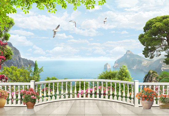 Balcony with trees and sea views