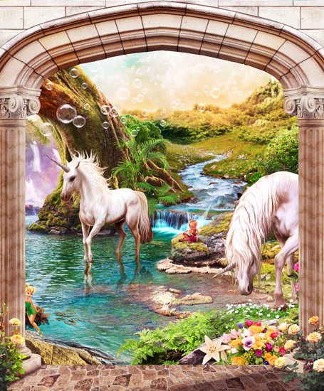 A gate with unicorns in a lake