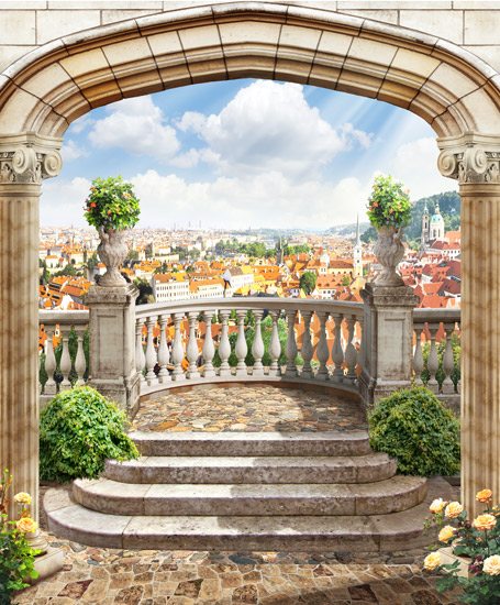 gate leads to a beautiful balcony with a magnificent view of the city