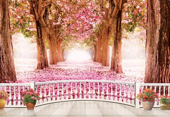 Balcony with a beautiful path of pink flowers