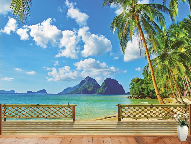 Wallpaper of a wooden balcony with beautiful sea view