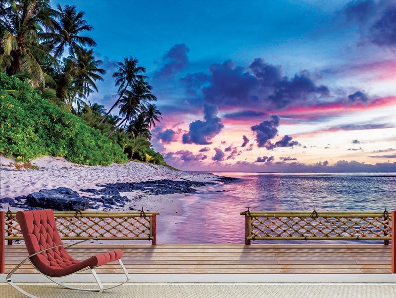 Wallpaper of a wooden balcony with beautiful views of a beach and purple sky