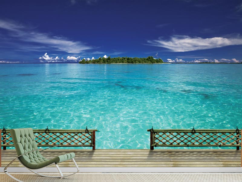 Wallpaper of a wooden balcony with sea view