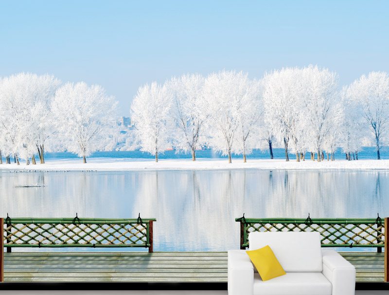 Wallpaper of a wooden balcony with a view of a frozen lake