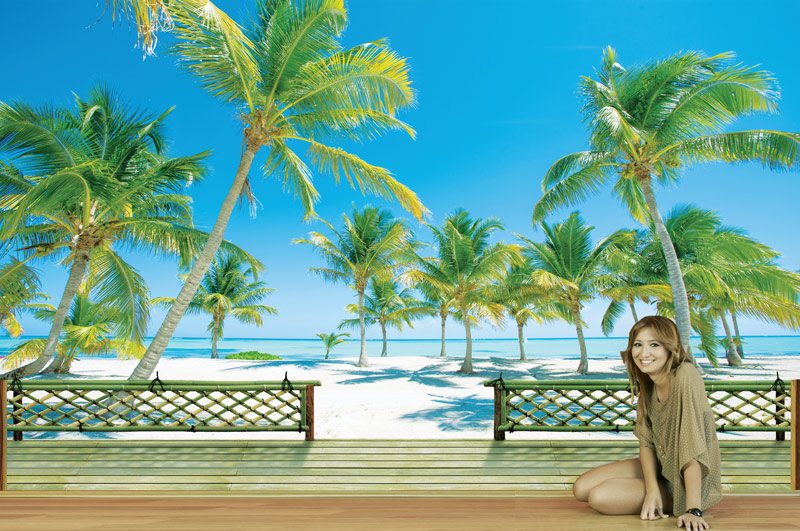 Wallpaper of a three-dimensional balcony with views of a tropical beach