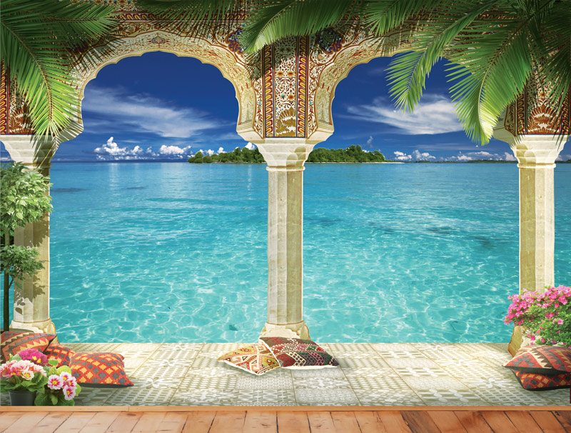 Designed wallpaper of a balcony with blue sea view