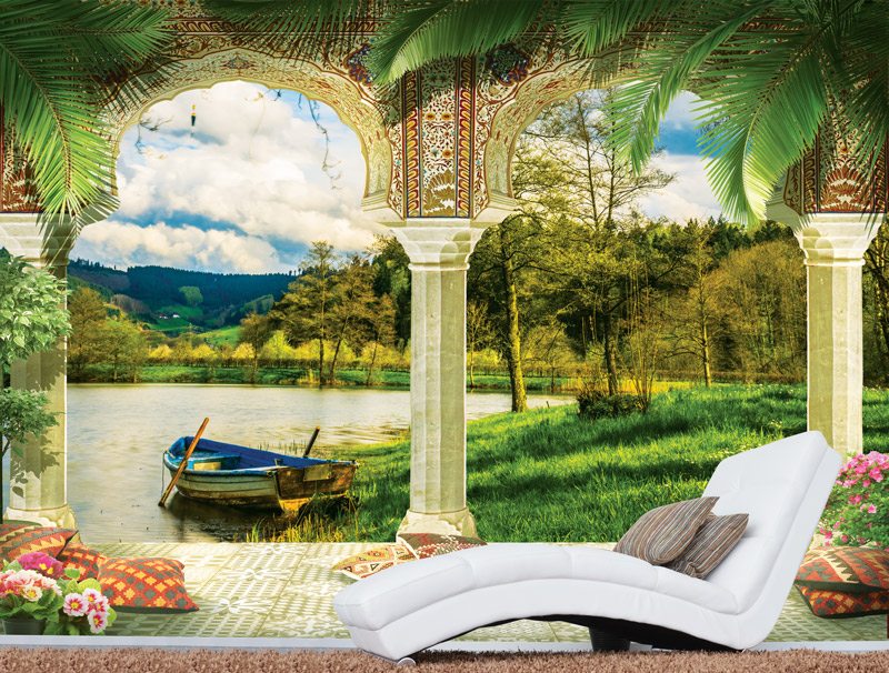 Designed wallpaper of a balcony with lake view