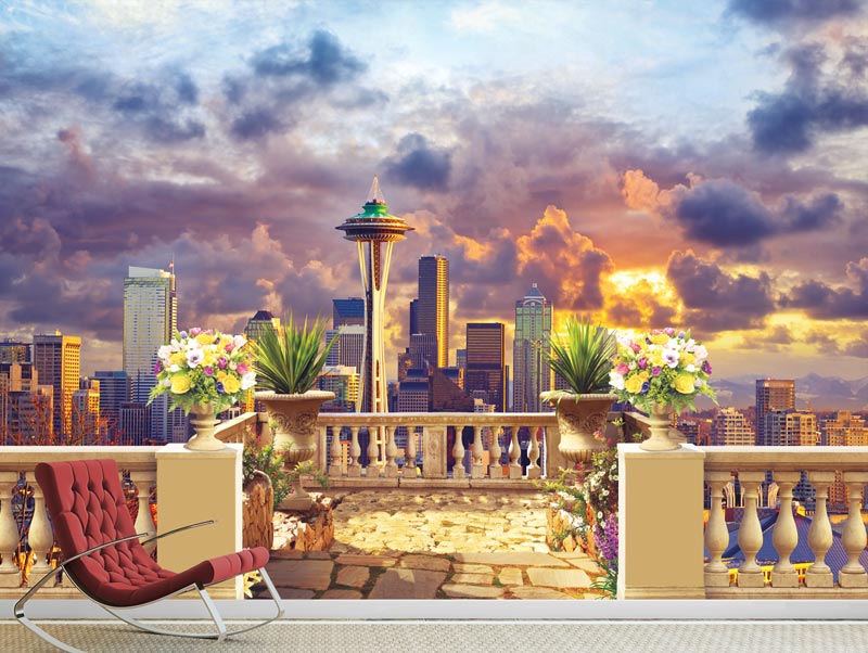 Wallpaper of a balcony with views of Seattle