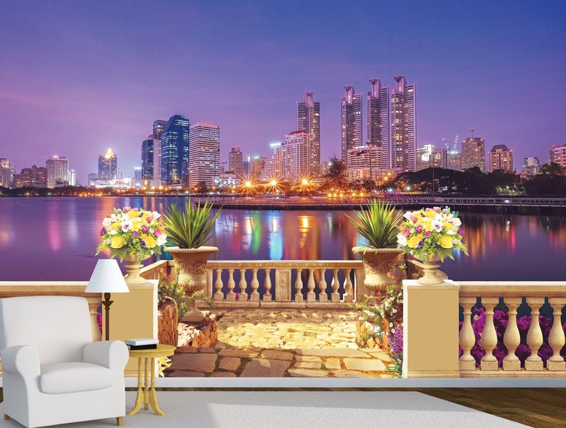 Wallpaper of a balcony with a beautiful view of a city in shades of purple