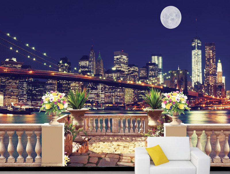 Wallpaper of a balcony with a view of New York on a full moon night